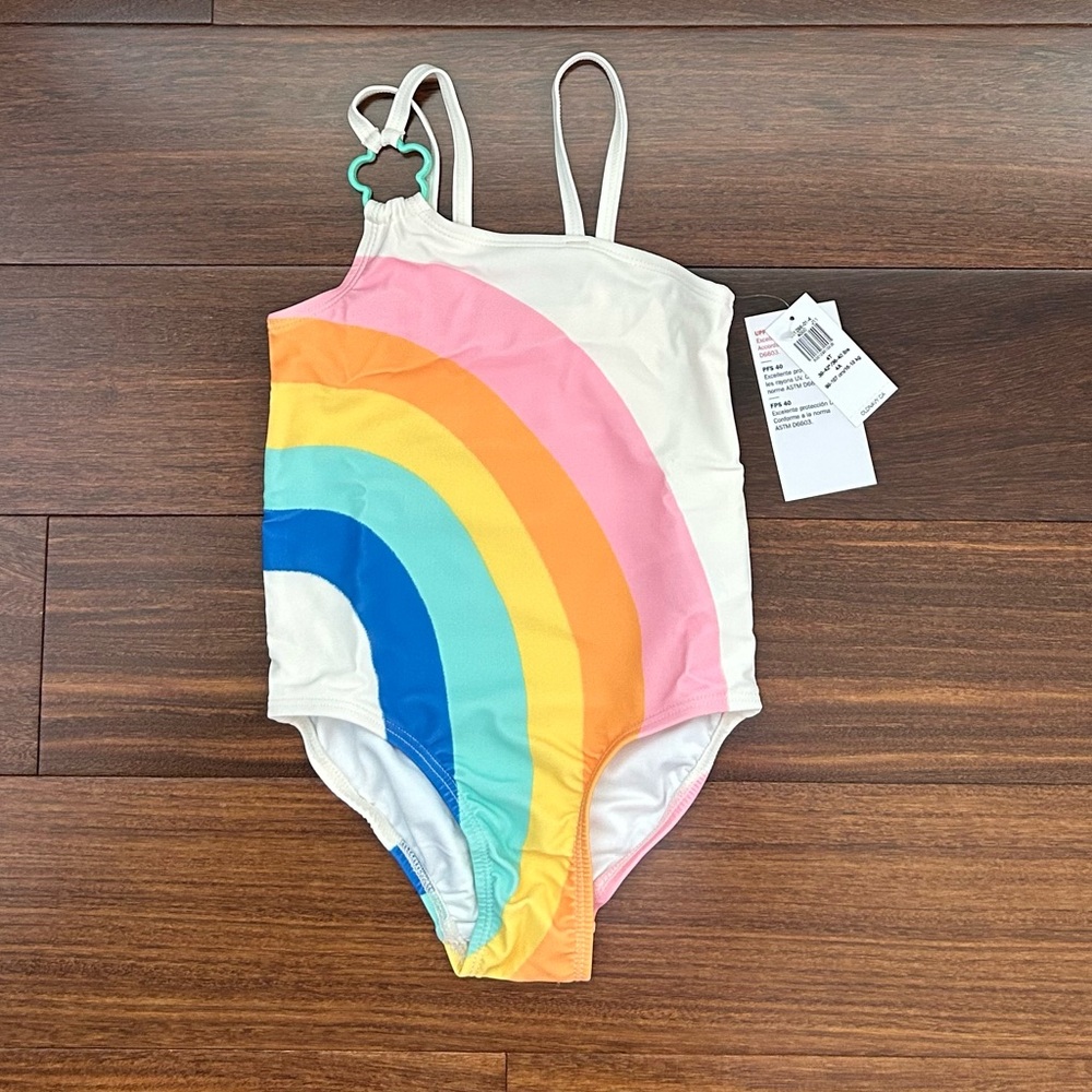 BNWT Old Navy Girls White One-Piece Swimsuit with Rainbow Stripes